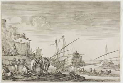 Udsigt over havnen i Livorno: Huse med udsigt over en havn af Stefano della Bella