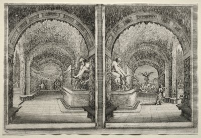 Udsigt over villaen Pratolino: To udsigter over grotten. af Stefano della Bella