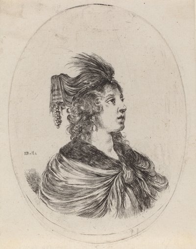Kvinde i fjerbeklædt turban, drejet til højre, 16491650. af Stefano della Bella