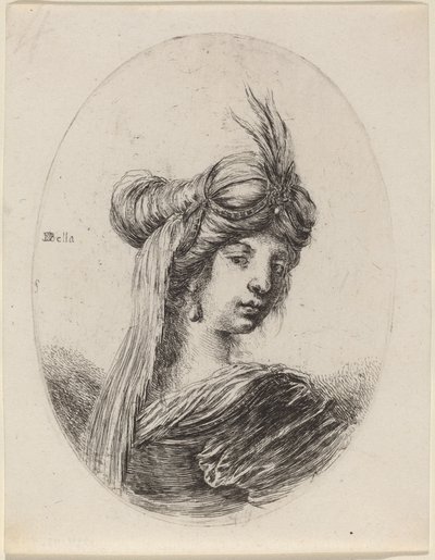 Kvinde i fjerbeklædt turban med slør, drejet til højre, 16491650. af Stefano della Bella