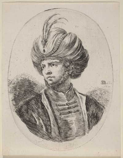 Ung maurer med et let skæg og fjerprydet turban, vendt mod venstre af Stefano della Bella