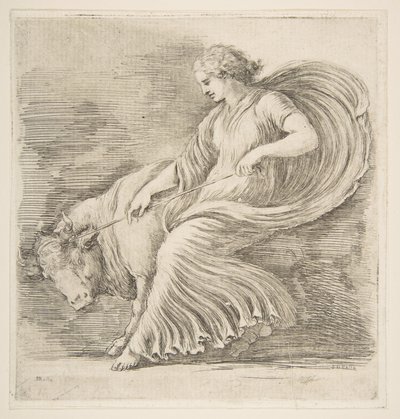 Ung kvinde forsøger at stoppe en tyr, ca. 1660. af Stefano della Bella