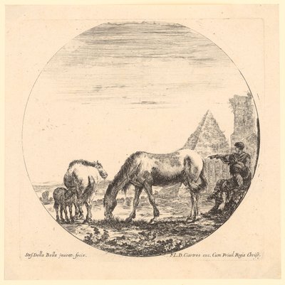 To heste med føl og to hyrder ved Caius Cestius’ pyramide af Stefano della Bella