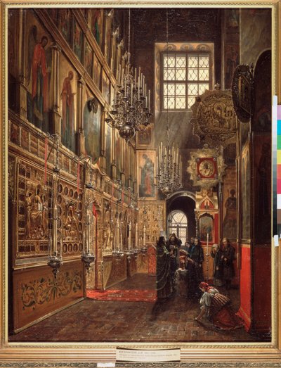 En gudstjeneste i Bebudelseskatedralen i Kreml i Moskva - Maleri af Stepan Mikhailovich Shukhvostov (1821-1908), olie på lærred af Stepan Mikhailovich Shukhvostov