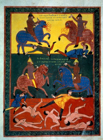 De fire riddere af apokalypsen. Engelen lyder den sjette trompet: udseendet af heste med et løvehoved, der spytter ild, ryttere monteret med slagskibe. En tredjedel af mændene omkommer. Miniature i “” Beatus de Liebana, kommentar til Apocalyp af Stephanus Garcia