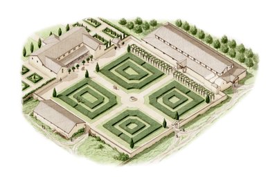 Brading Roman Villa, Isle of Wight (tegnet 2012), ca. 350-400 (blæk og akvarel) af Stephen Conlin