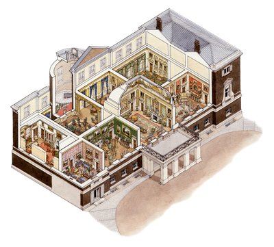 Devonshire House, Piccadilly, London, ca. 1860-1910 (blæk og akvarel) af Stephen Conlin