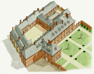 Newmarket Palace, Suffolk, ca. 1670-1683 (blæk og akvarel) af Stephen Conlin