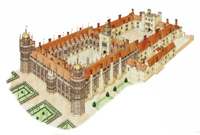 Nonsuch Palace, Surrey, ca. 1540-1600 (blæk og akvarel) af Stephen Conlin