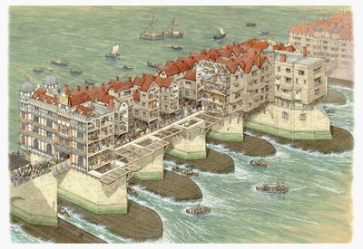 Old London Bridge (centrale del), ca. 1580-1600 (blæk og akvarel) af Stephen Conlin