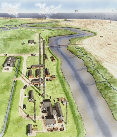 Orford Ness, Suffolk, ca. 1935-1945 (blæk, airbrush, akvarel) af Stephen Conlin