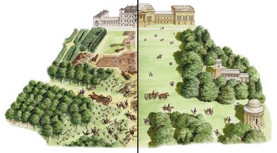 Udviklingen af Stowe Landscape Gardens, Buckinghamshire, ca. 1741-1780 (blæk og akvarel) af Stephen Conlin