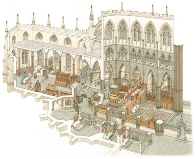 The East End of Westminster Abbey kort før reformationen, ca. 1500-1525 (blæk og akvarel) af Stephen Conlin