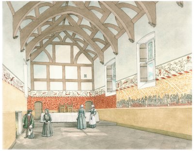 The Great Hall of Cothay Manor, Near Wellington,Somerset, 2016 (blæk og akvarel) af Stephen Conlin