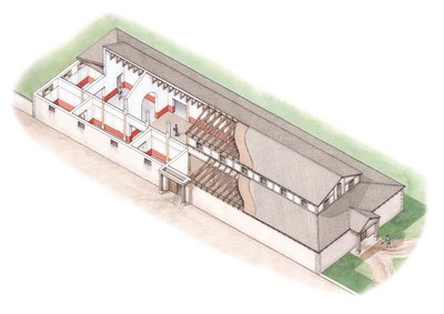 The North Range, Brading Roman Villa, Isle of Wight (tegnet 2012), ca. 200-250 (blæk og akvarel) af Stephen Conlin