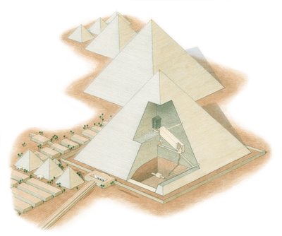 Pyramiderne ved Giza, Egypten, ca. 2560 f.Kr.-2200 f.Kr (blæk, airbrush, akvarel) af Stephen Conlin