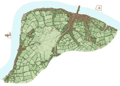 The South Bank, London, mellem Vauxhall og Bermondsey ca. 1600, 2021 (blæk og akvarel, digital) af Stephen Conlin