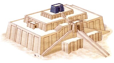 Ziggurat i Ur, formodet restaurering i det 6. århundrede f.Kr. (blæk og akvarel) af Stephen Conlin