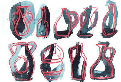 Nine Vessels, 2016 (oliepastel og tekstilfarve på papir) af Stephen Dow