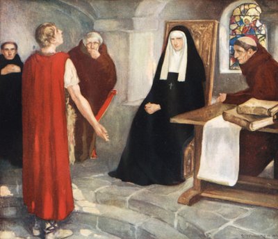 Caedmon før Saint Hilda (farve litho) af Stephen Reid