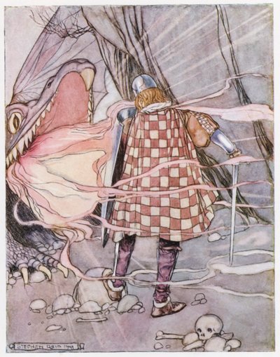 Illustration til Siegfried the Dragon-Slayer (farve litho) af Stephen Reid