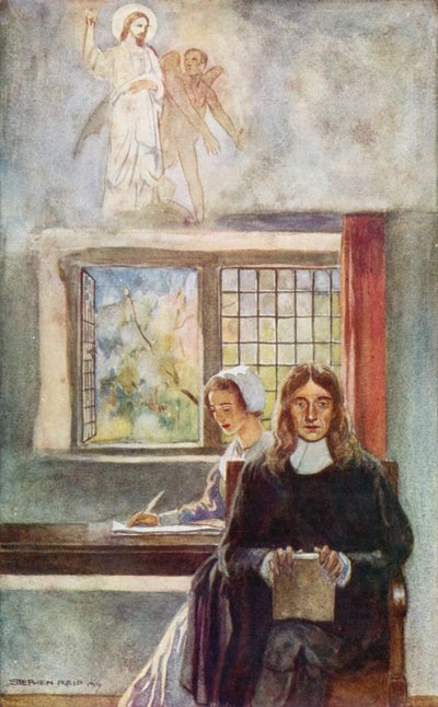 John Milton dikterer Paradise Lost til sin datter (farve litho) af Stephen Reid