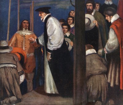 Laud går ind i prammen ved Lambeth for at gå til Tower (farve litho) af Stephen Reid