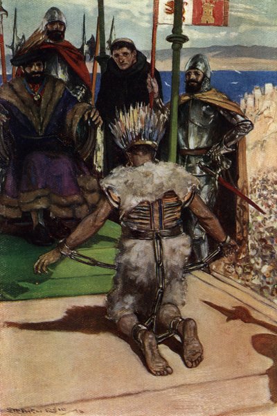 Montezuma II taget til fange af Hernan Cortes i 1519 af Stephen Reid