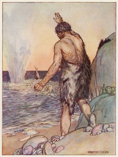 Polyfemos slynget, en stor klippe (farvelitografi) af Stephen Reid