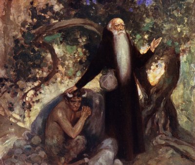 Sankt Antonius og Satyren (farve litho) af Stephen Reid