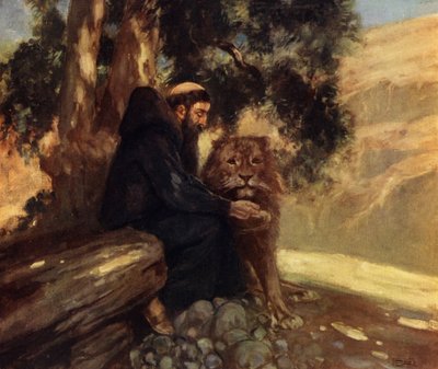 Sankt Hieronymus og Løven (farve litho) af Stephen Reid