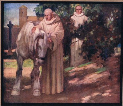 St Columba og den hvide hest (farve litho) af Stephen Reid