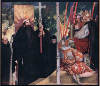 Receptionen af Saint Augustine af Ethelbert (farve litho) af Stephen Reid