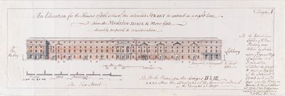 Design for husene på begge sider af den planlagte gade, der skal strække sig i en ret linje fra Mansion-House til More-Gate, ydmygt foreslået til overvejelse, 1762 (wc over pen & grafit på bundet papir) af Stephen Riou