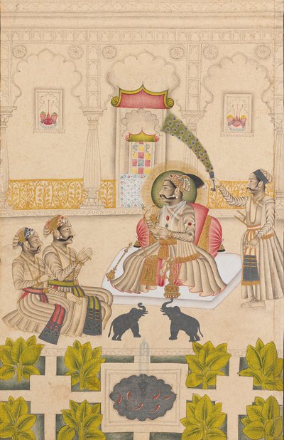 Maharana Amar Singh II vises to sølvelefanter, ca. 1705. af Stipple Master