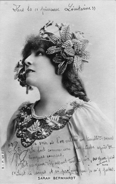 Henriette Rosine Bernard alias Sarah Bernhardt (1844-1923) i rollen som "Den fjerne prinsesse", et stykke af Edmond Rostand (s/h foto) af Studio Reutlinger
