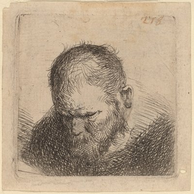Skægget mand kigger ned af Studio of Rembrandt van Rijn