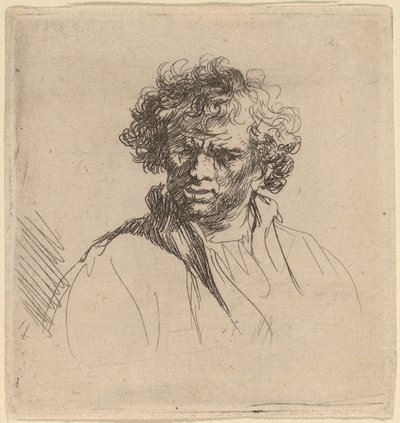Mand med krøllet hoved med skæv mund af Studio of Rembrandt van Rijn