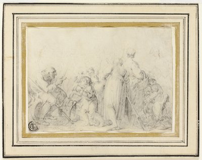Genrescene med gammel mand, bondekvinder og børn af Style of Jean Baptiste Greuze