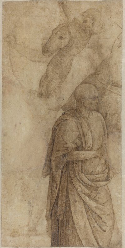 Rytter og stående draperet mand, efter det antikke [verso] af Style of Pietro Perugino