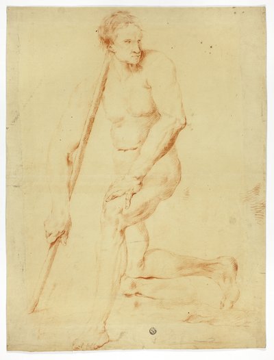 Akademisk mandlig nøgen, der læner sig op ad en stav af Style of Pompeo Girolamo Batoni