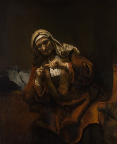 Gammel kvinde klipper sine negle, ca. 1655-60. af Style of Rembrandt