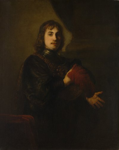 Portræt af en mand med brystskjold og plymerhat. af Style of Rembrandt
