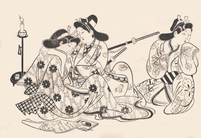 Samurai og kurtisane sidder, en tjener ved siden af dem, ca. 1685., ca. 1685. af Sugimura Jihei