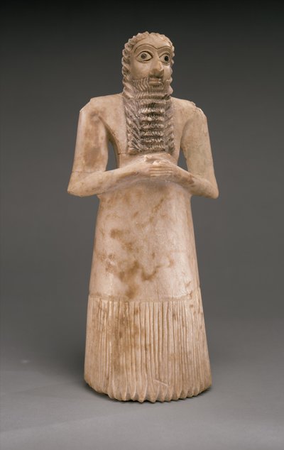 Stående mandlig tilbeder, tidlig dynastik, ca. 2900-2600 f.Kr. (gipsalabast, skal, sort kalksten, bitumen) af Sumerian