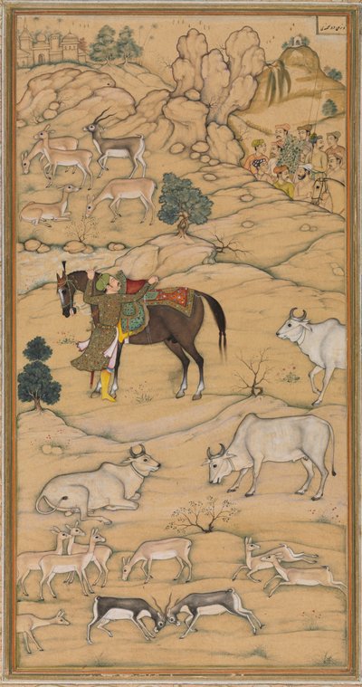 Akbar Mounting his Horse, side fra Chester Beatty Akbar Nama History of Akbar, 1605-07. af Sur Das Gujarati