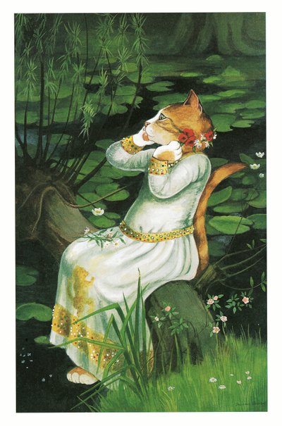 Illustration fra Pre-Raphaelite Cats (udgivet 1999) af Susan Herbert