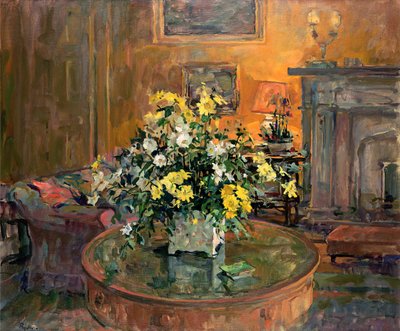 Trommebord med gule blomster (olie på lærred) af Susan Ryder