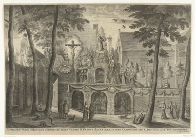 Stellage opført i Antwerpen i anledning af kanoniseringen af ​​Peter af Alcantara i 1669 Afbildning af stenklippen til ære for Sankt Peter Alcantara i kanoniseringen af ​​den X. Sept. MDCLXIX til Antwerpen (titel på objekt) af Susanna Verbruggen (possibly)