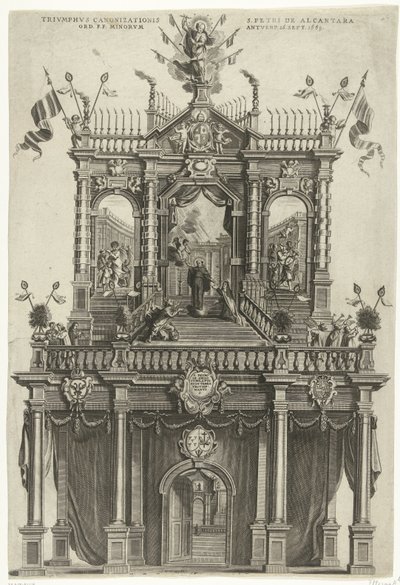 Triumfport opført i Antwerpen i anledning af kanoniseringen af ​​Peter af Alcantara i 1669 Triumphus Canonizationis S. Petri de Alcantara Ord. F.F. Minorum Antverp. 16 sept. 1669 (titel på objekt) af Susanna Verbruggen (signed by artist)